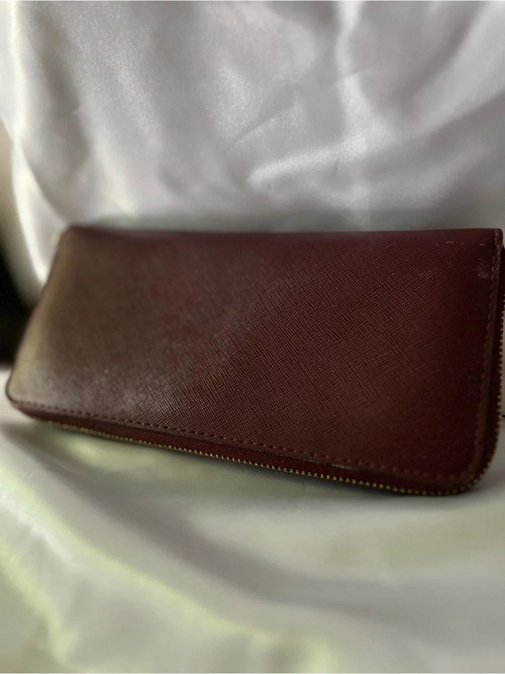 Michael Kors Maroon Saffiano Zip-Around Wallet with Gold Plaque